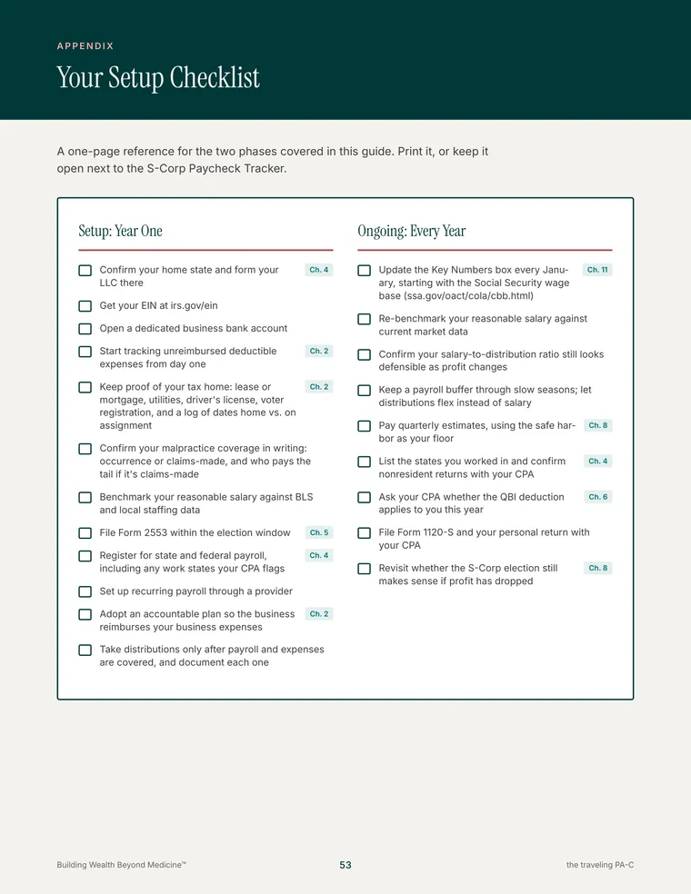 Book page: Your Setup Checklist for year one and every year.